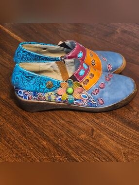 Socofy Retro Floral Leather Slip On Splicing Fancy Pattern Zipper Shoe Unique